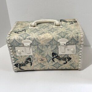 Vtg Makeup Case Butterfly Print Lace Storage Suitcase Vanity Handle Latch 11"